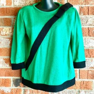 80s Emerald Green and Black Bow Raised Shoulder Pad Sleeve Sweater Size Small